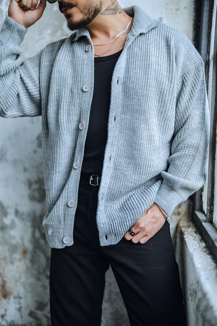 Örme Yakalı Rahat Kalıp Hırka Gri