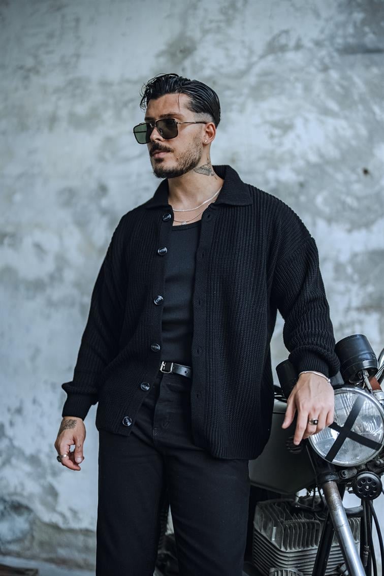 Örme Yakalı Rahat Kalıp Hırka Siyah