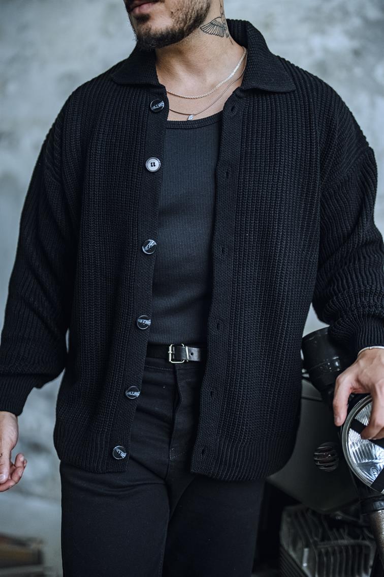 Örme Yakalı Rahat Kalıp Hırka Siyah