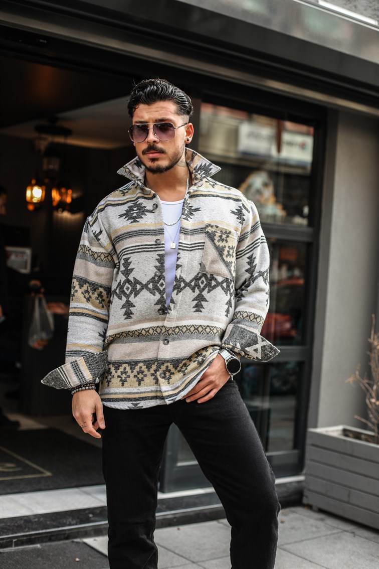 Otantik Desenli Oversize Gömlek Krem-Sarı