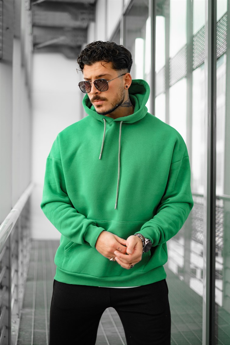 Oversize Basic Kapüşonlu Unisex Sweatshirt Yeşil