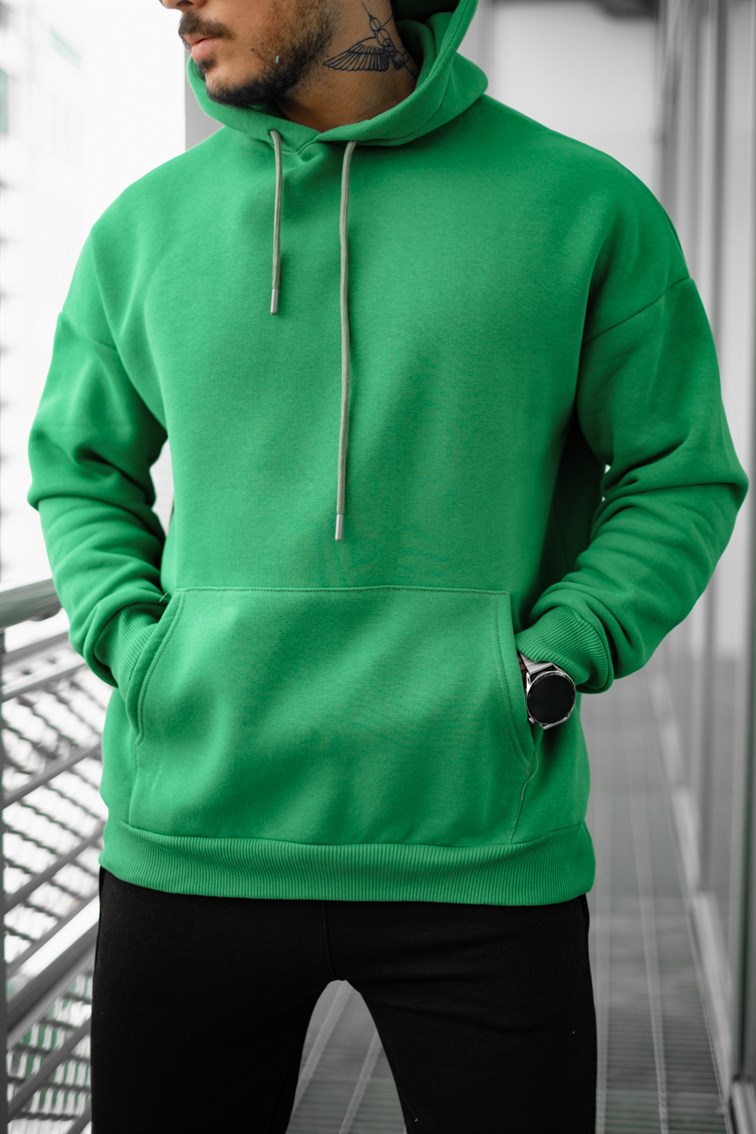 Oversize Basic Kapüşonlu Unisex Sweatshirt Yeşil