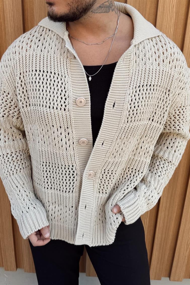 Oversize Düğmeli Örgü Hırka Krem