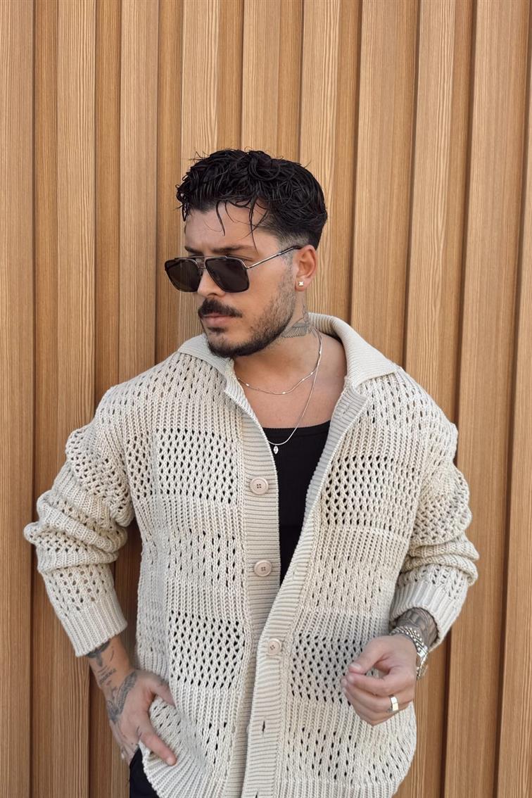 Oversize Düğmeli Örgü Hırka Krem