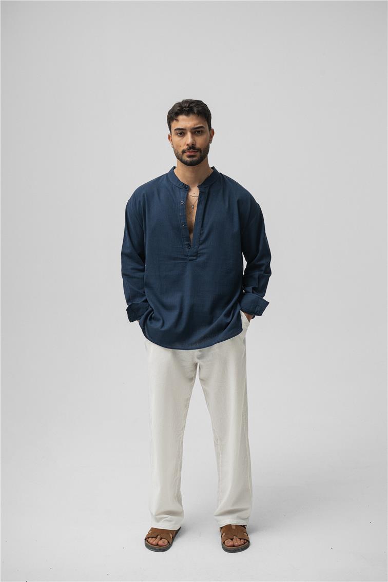 Oversize Keten T-Shirt Lacivert