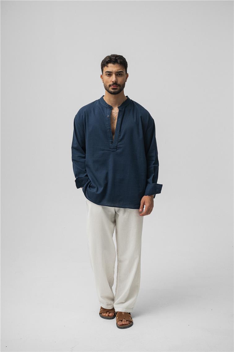 Oversize Keten T-Shirt Lacivert