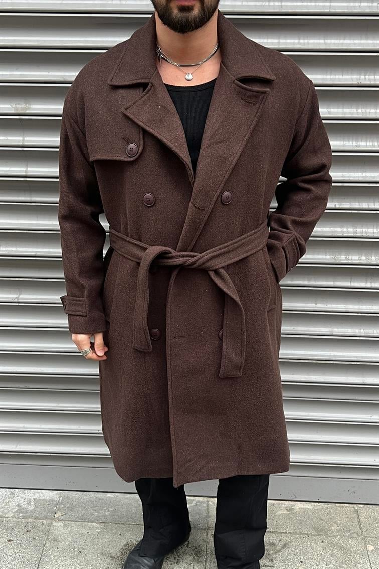 Oversize  Kol Detay Kaşe Kaban Kahve