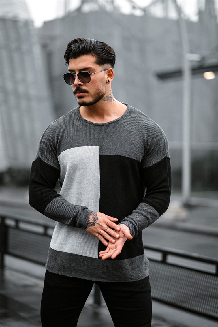 Oversize Örgülü Renkli Kazak Antrasit