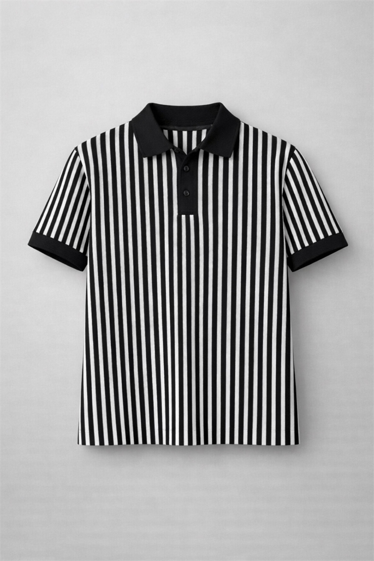 Pamuk Çizgili Polo Yaka Tshirt Siyah