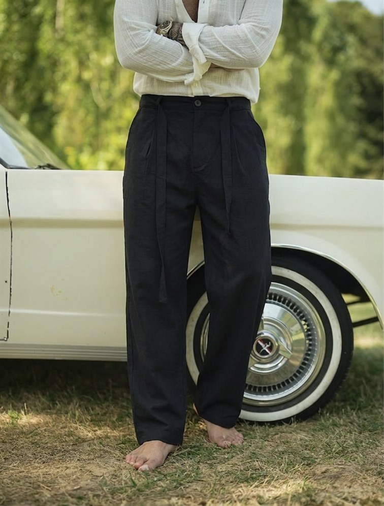 Pamuk / Keten Bel Bağlamalı Bol Pantolon Siyah