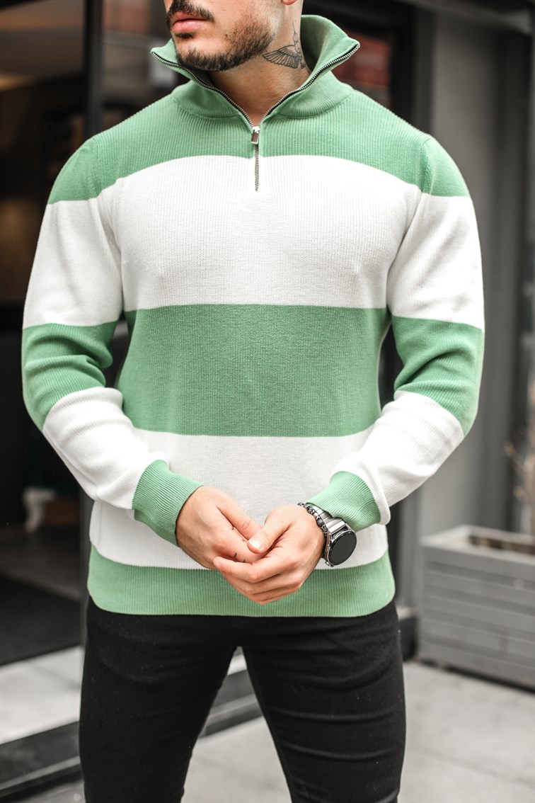 Paralel Fermuarlı Boğazlı Örme Sweatshirt Yeşil
