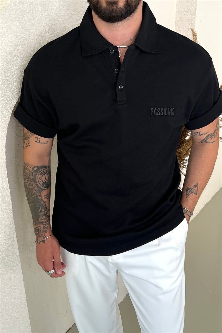 Passionis Nakış Detay Polo Yaka Tshirt Siyah