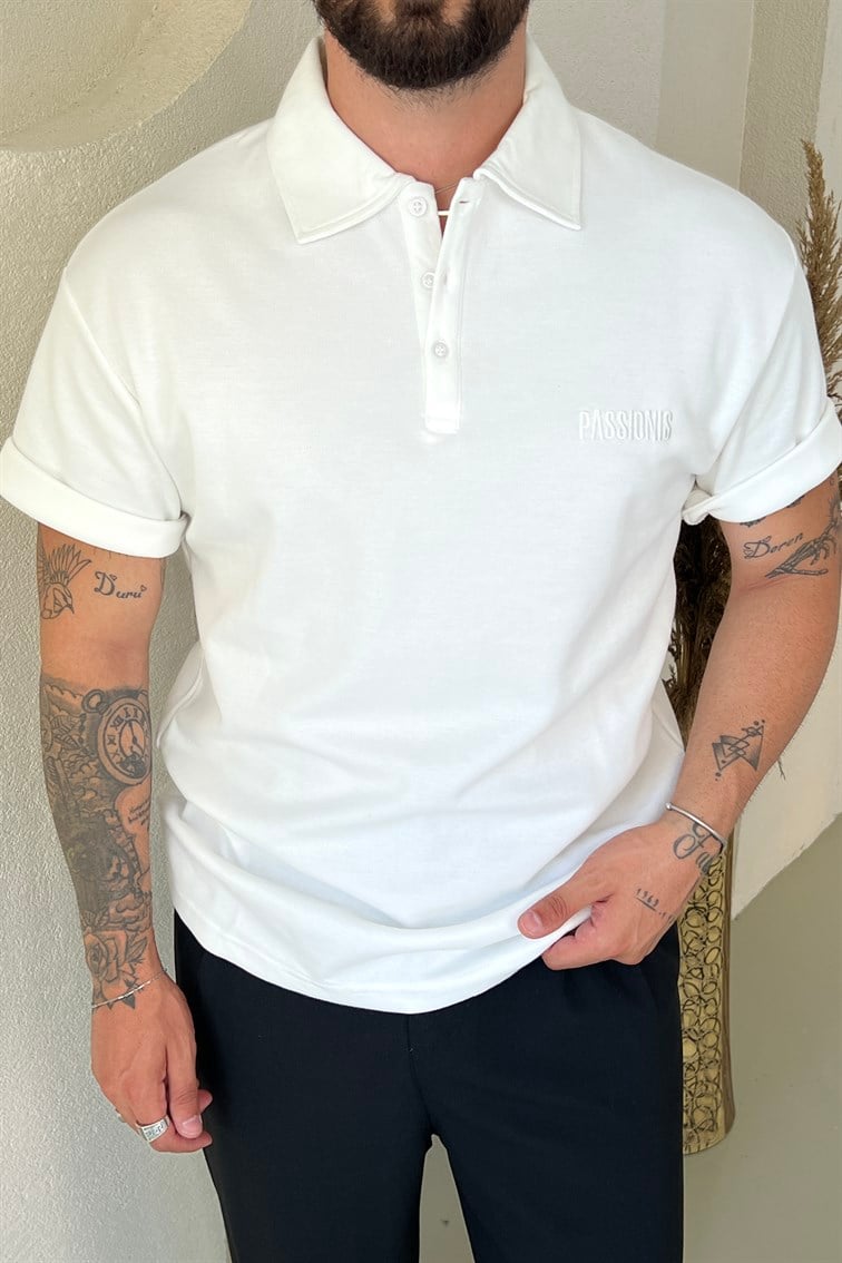 Passionis Nakış Detay Polo Yaka Tshirt Beyaz