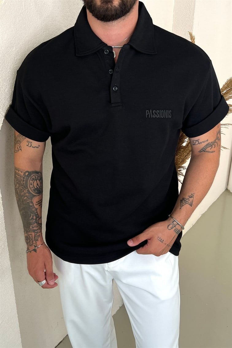Passionis Nakış Detay Polo Yaka Tshirt Siyah