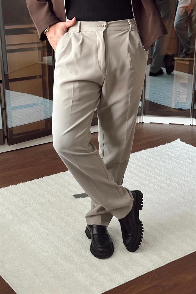 Pileli Bol Basic Pantolon Krem