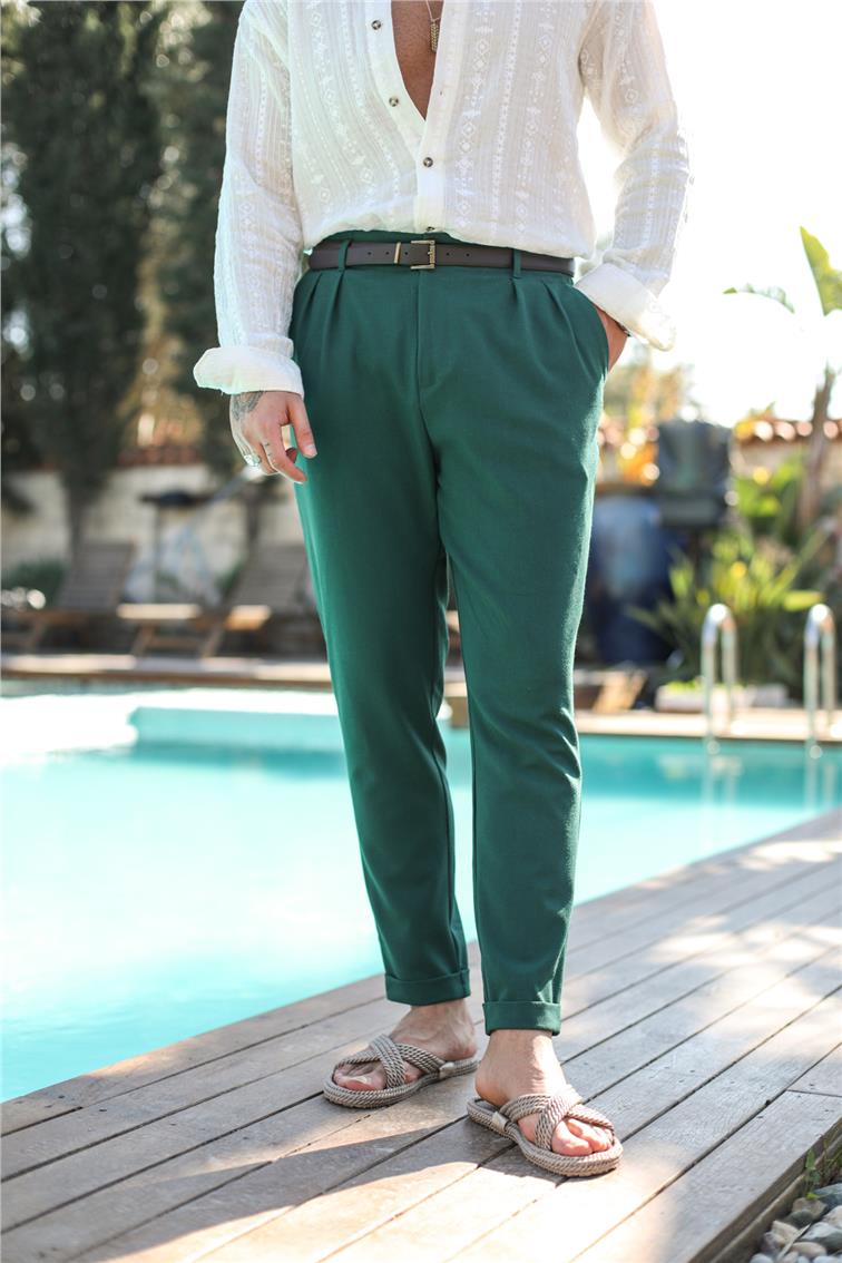 Pileli Pamuklu Kalem Pantolon Zümrüt Yeşili