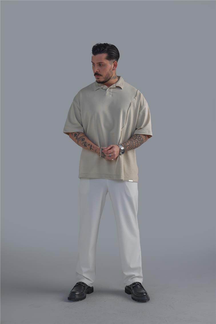 Polo Yaka Bol Kalıp T-Shirt Bej
