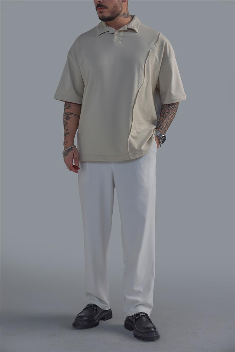 Polo Yaka Bol Kalıp T-Shirt Bej