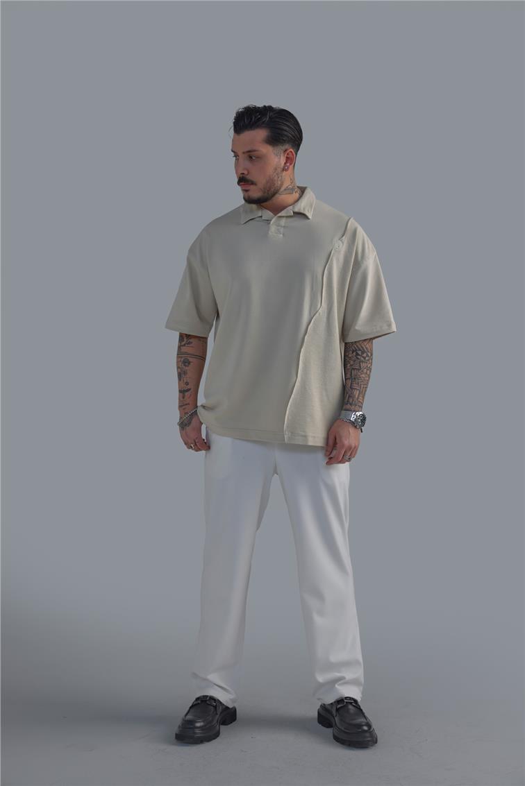 Polo Yaka Bol Kalıp T-Shirt Bej