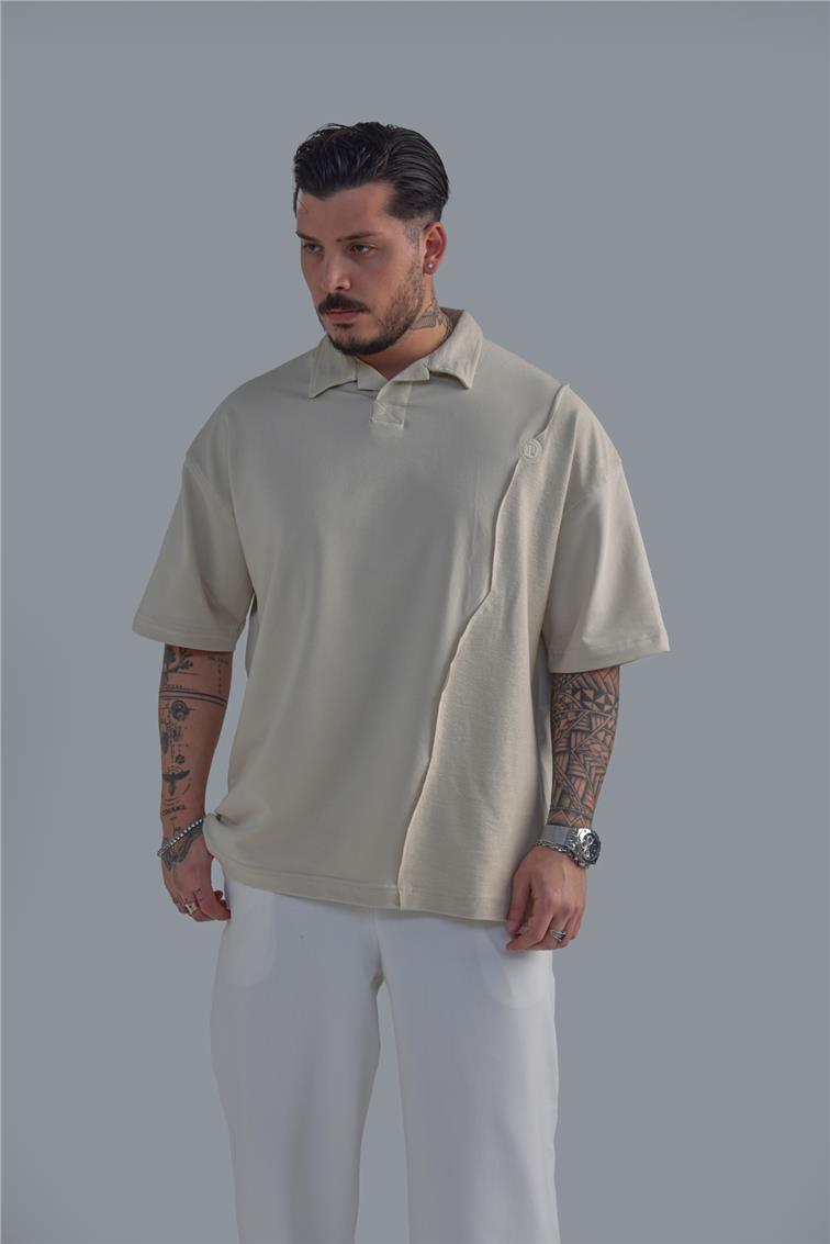 Polo Yaka Bol Kalıp T-Shirt Bej
