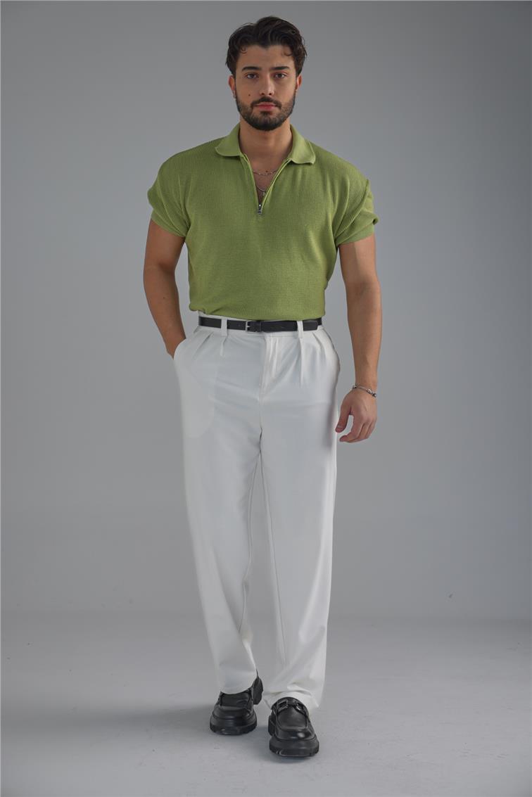 Polo Yaka Fermuarlı T-Shirt Fıstık Yeşili