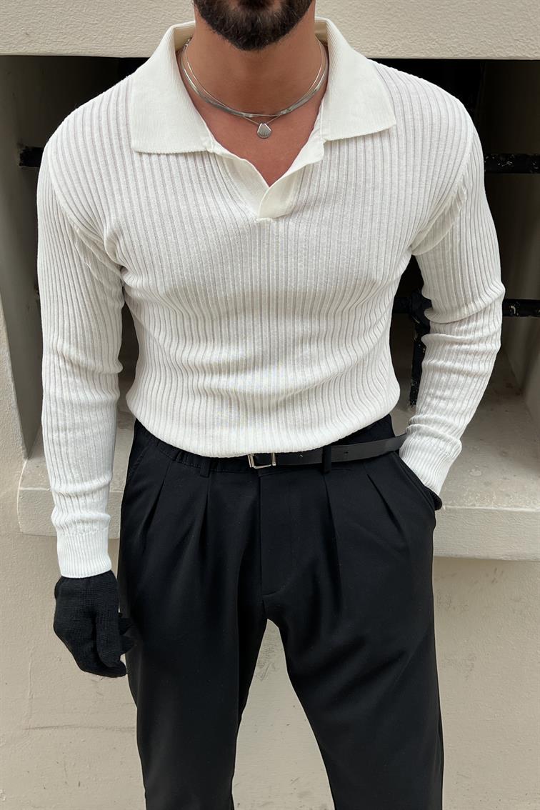 Polo Yaka Fitilli Slim Triko Kazak Beyaz