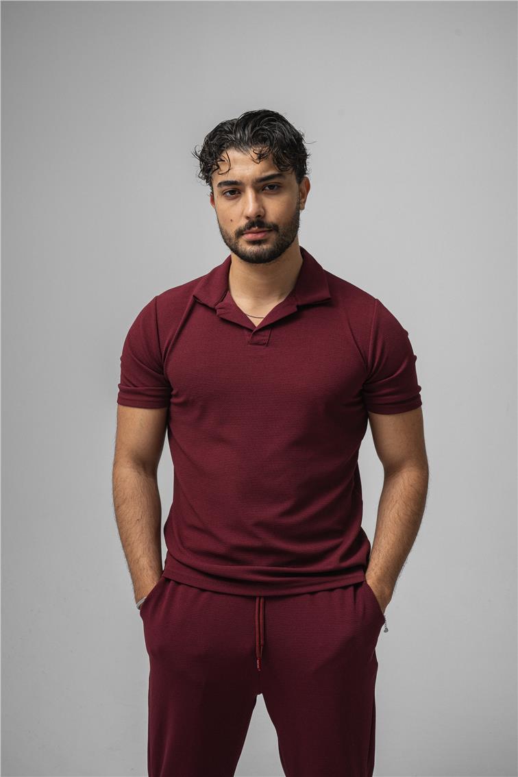 Polo Yaka Gizli Kabartma T-Shirt Bordo