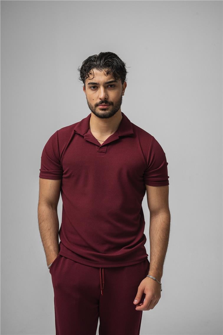 Polo Yaka Gizli Kabartma T-Shirt Bordo