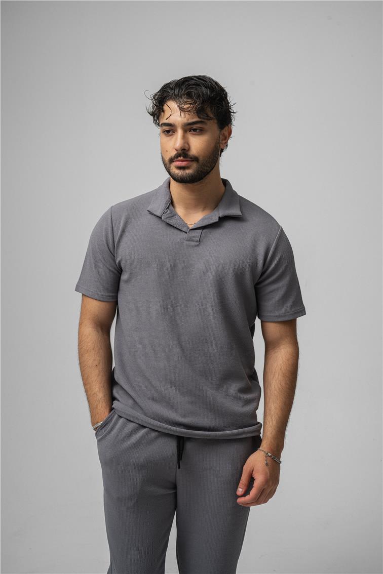 Polo Yaka Gizli Kabartma T-Shirt Gri