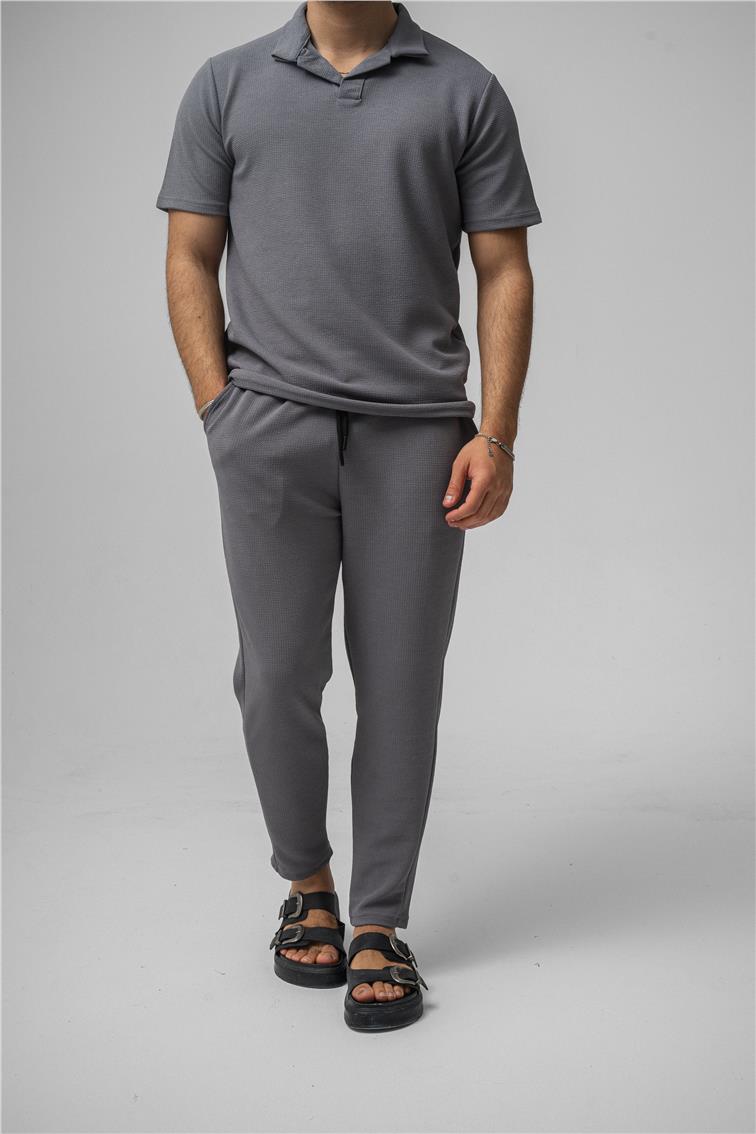 Polo Yaka Gizli Kabartma T-Shirt Gri