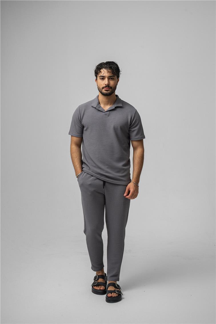 Polo Yaka Gizli Kabartma T-Shirt Gri