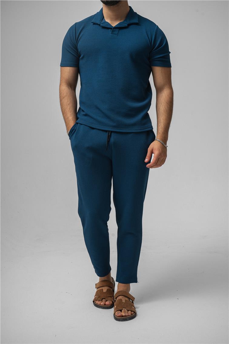 Polo Yaka Gizli Kabartma T-Shirt Lacivert