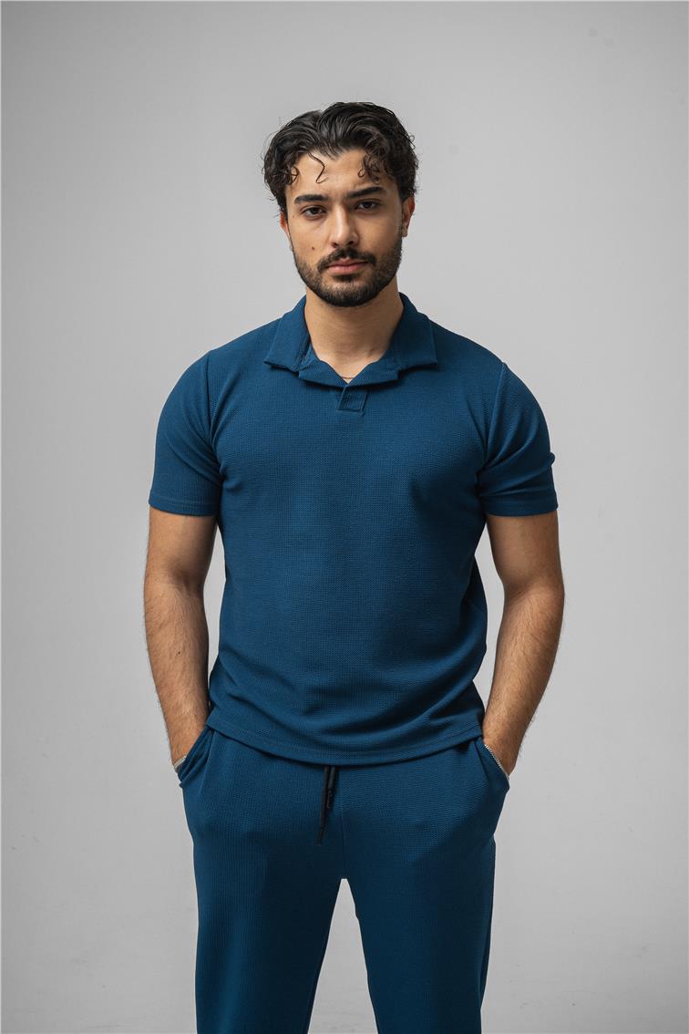Polo Yaka Gizli Kabartma T-Shirt Lacivert