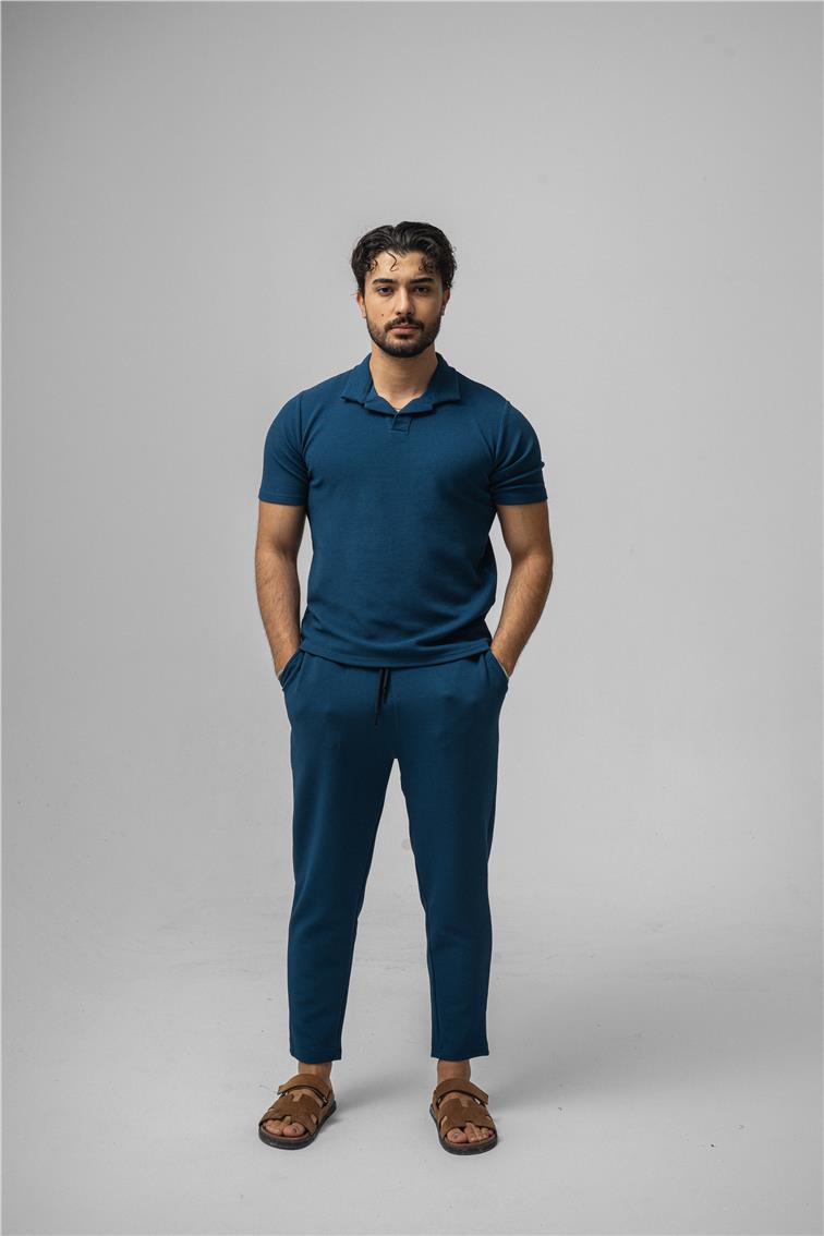 Polo Yaka Gizli Kabartma T-Shirt Lacivert