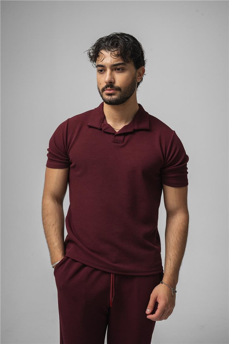 Polo Yaka Gizli Kabartma T-Shirt Mürdüm