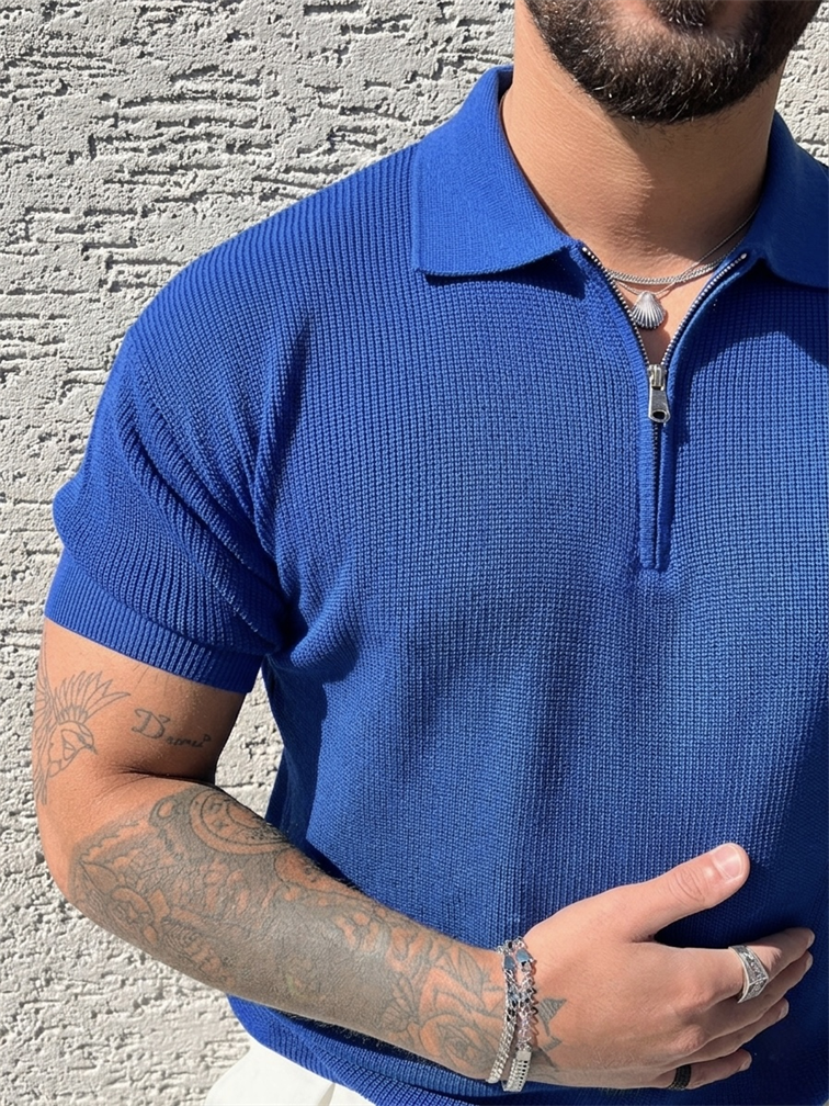 Polo Yaka Oversize Fermuarlı Triko Tshırt Mavi