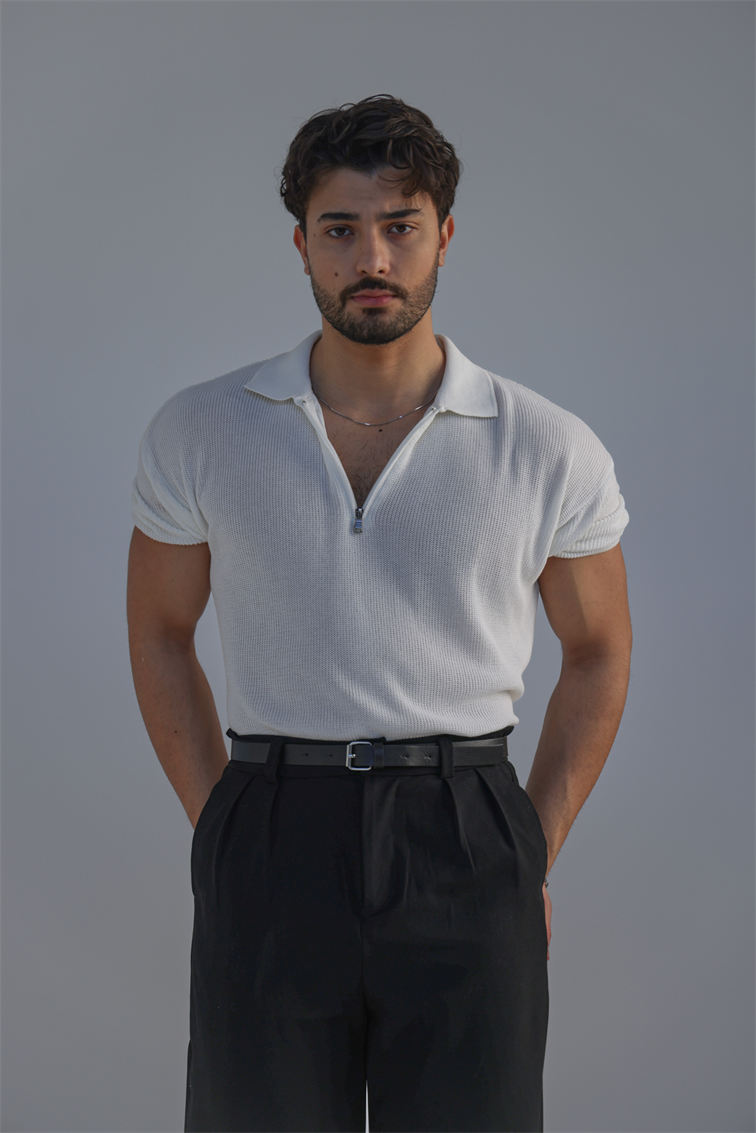 Polo Yaka Oversize Fermuarlı Triko Tshırt Beyaz