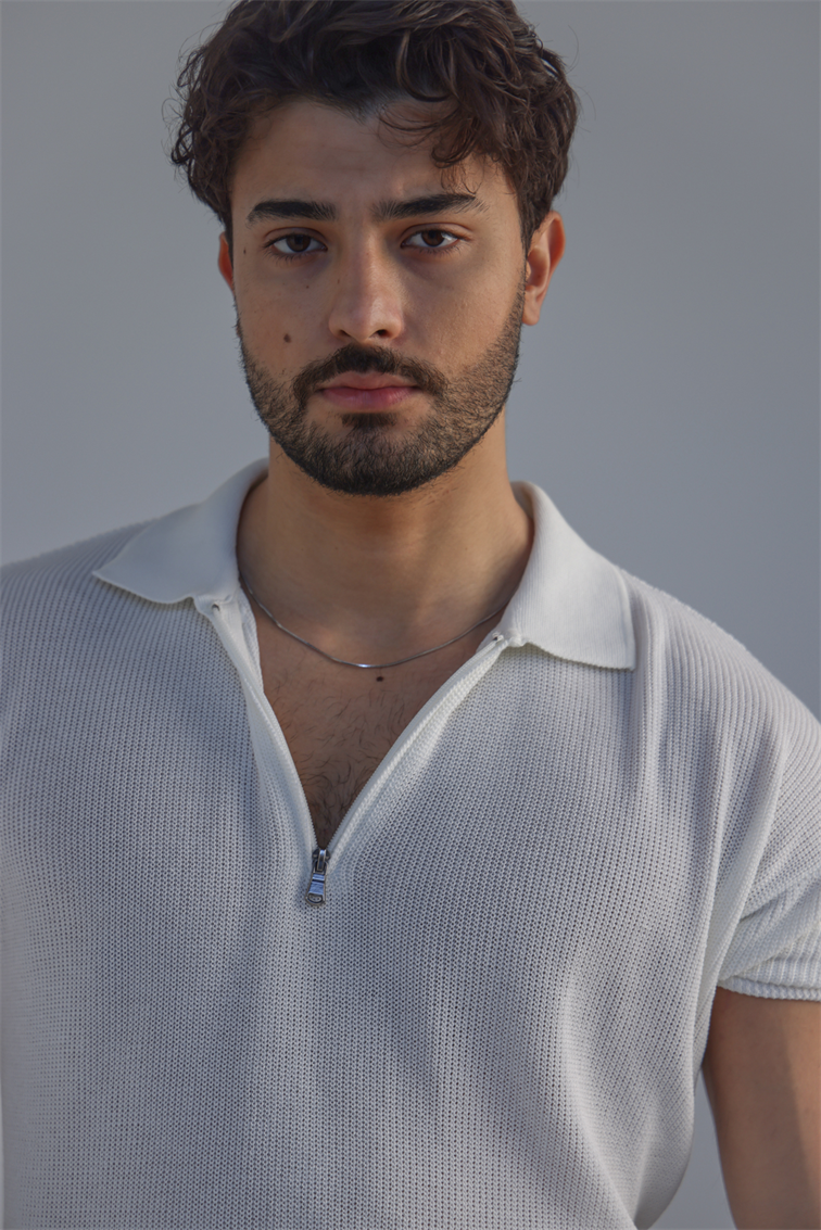 Polo Yaka Oversize Fermuarlı Triko Tshırt Beyaz