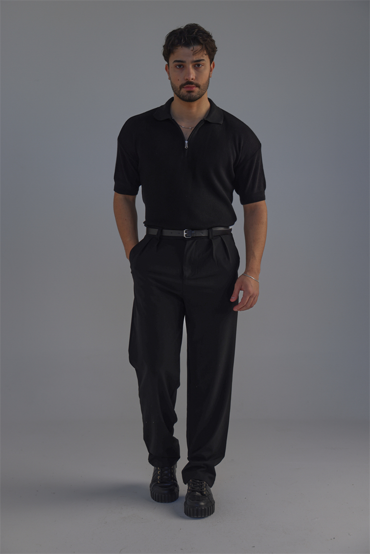 Polo Yaka Oversize Fermuarlı Triko Tshırt Siyah