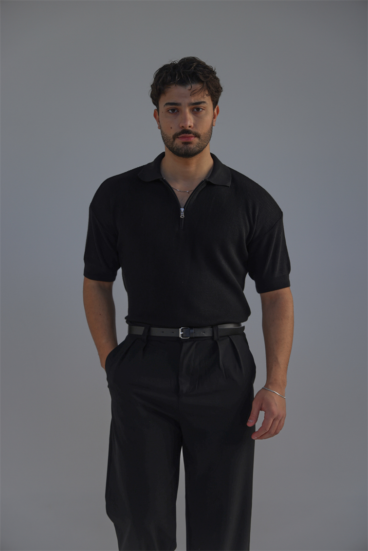 Polo Yaka Oversize Fermuarlı Triko Tshırt Siyah