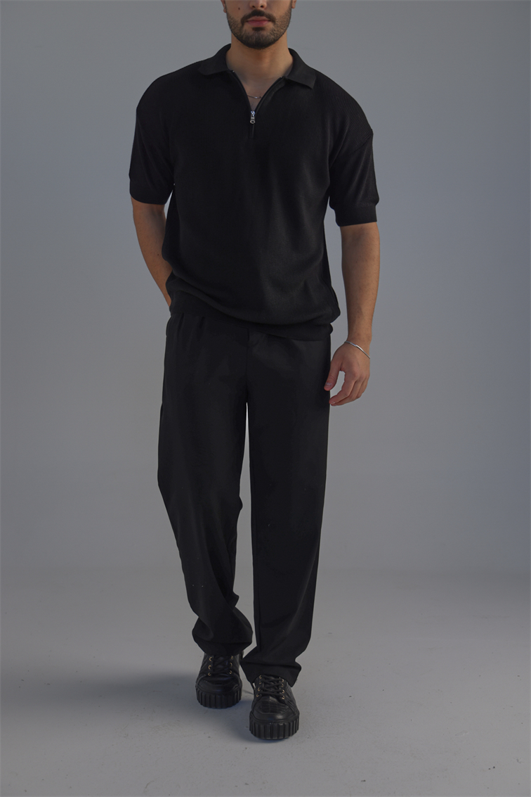Polo Yaka Oversize Fermuarlı Triko Tshırt Siyah