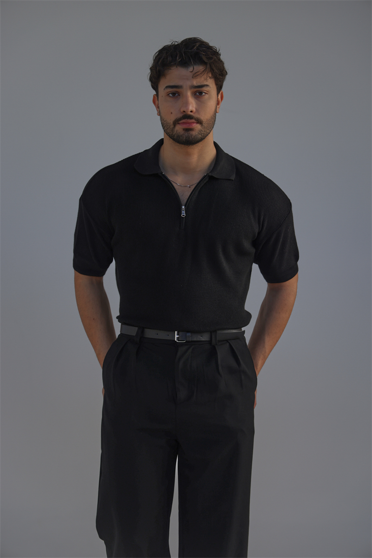Polo Yaka Oversize Fermuarlı Triko Tshırt Siyah
