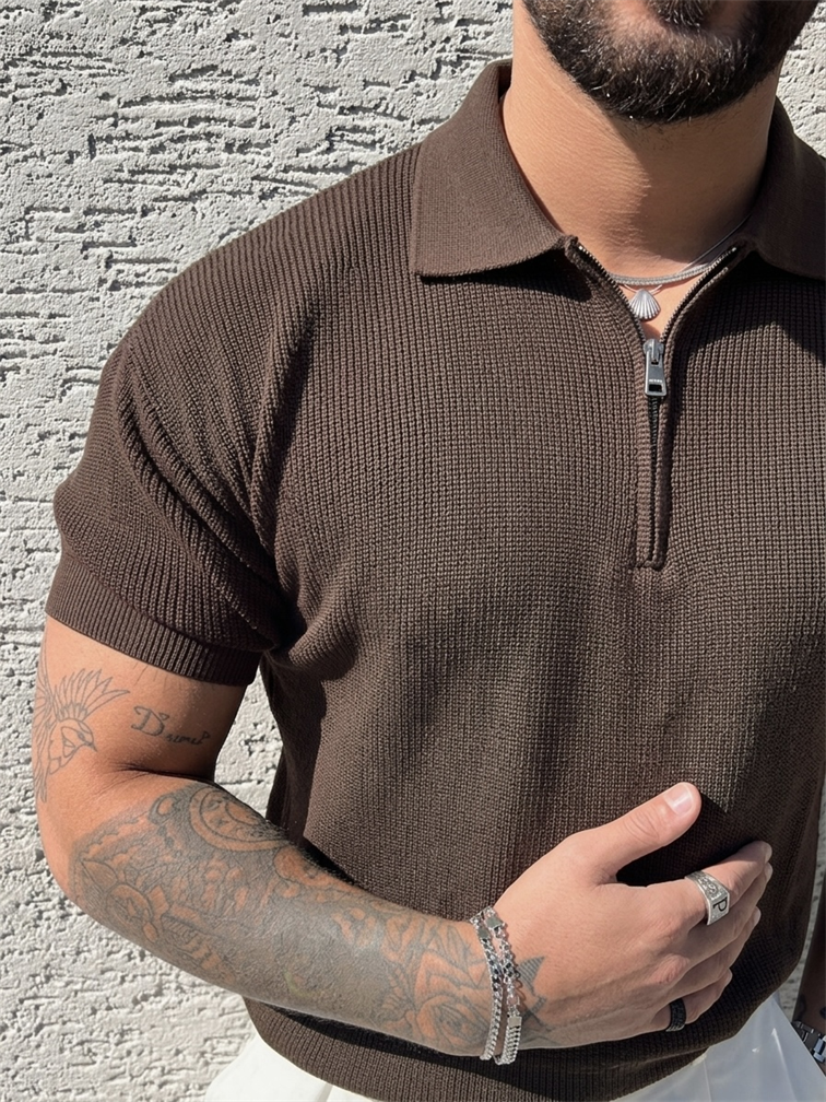 Polo Yaka Oversize Fermuarlı Triko Tshırt Kahve
