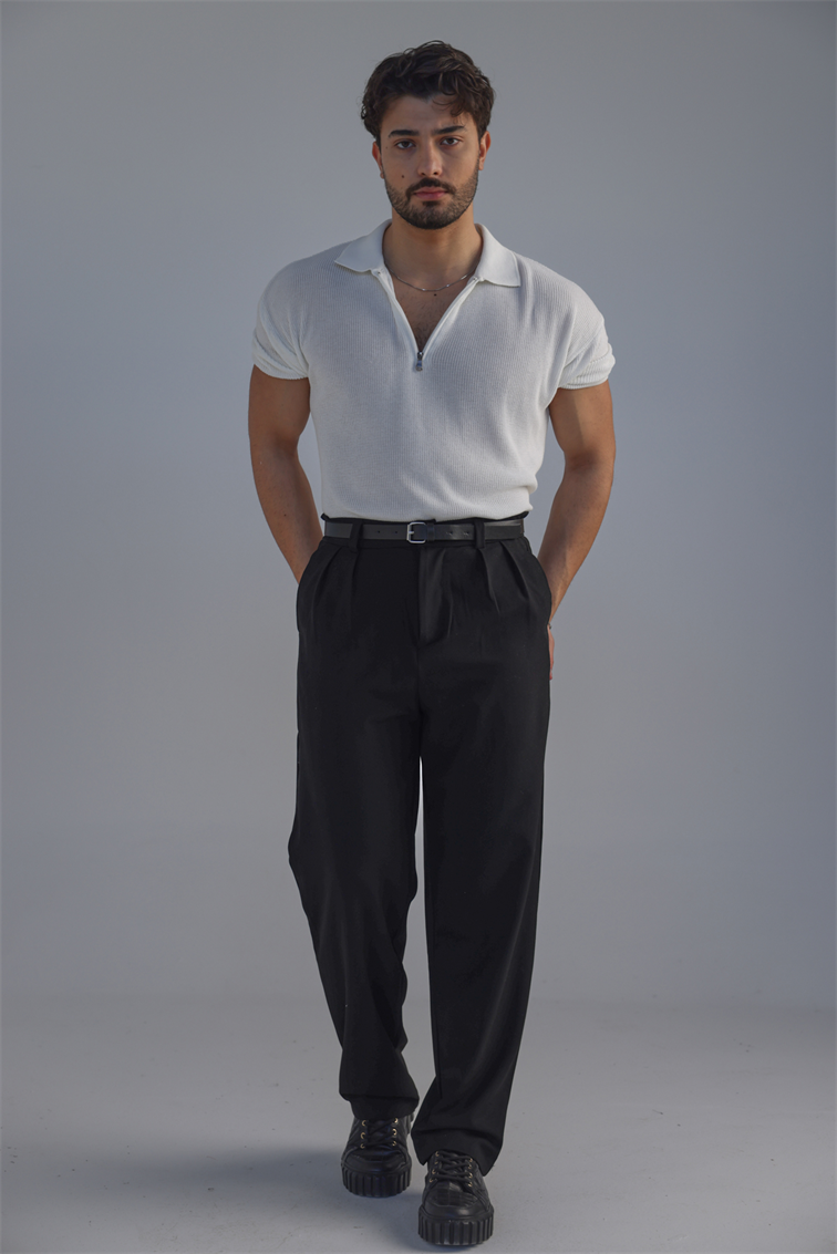 Polo Yaka Oversize Fermuarlı Triko Tshırt Beyaz