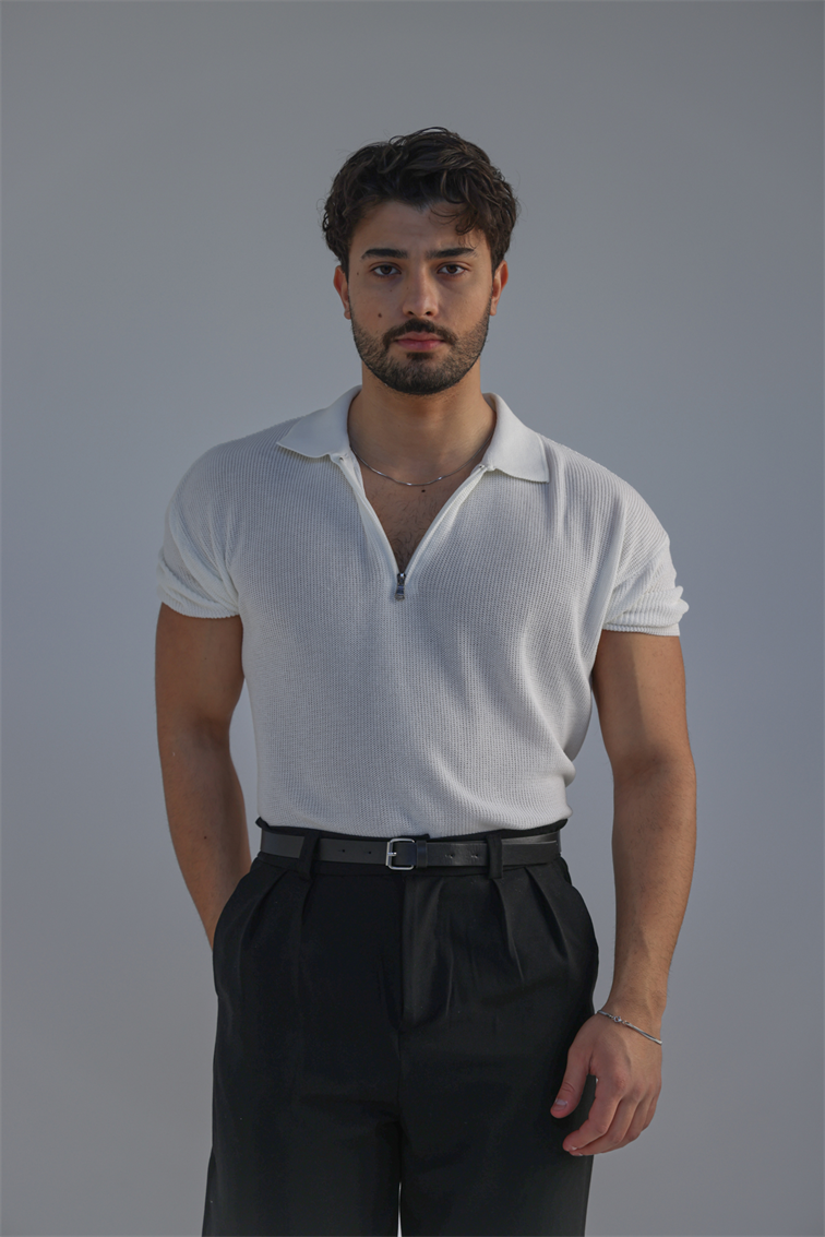 Polo Yaka Oversize Fermuarlı Triko Tshırt Beyaz