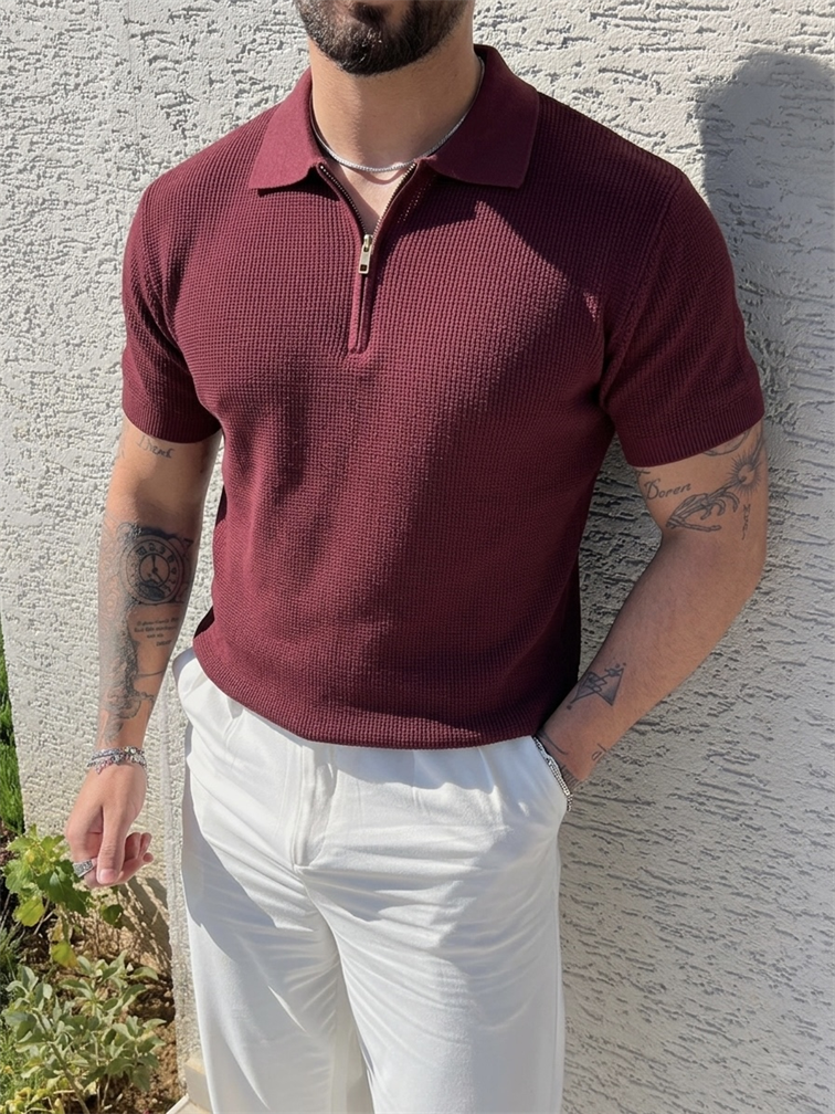Polo Yaka Oversize Fermuarlı Triko Tshırt Mürdüm