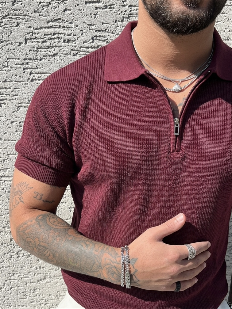 Polo Yaka Oversize Fermuarlı Triko Tshırt Mürdüm