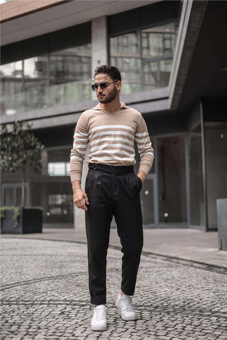 Polo Yaka Şeritli Triko Kazak Kum Beji