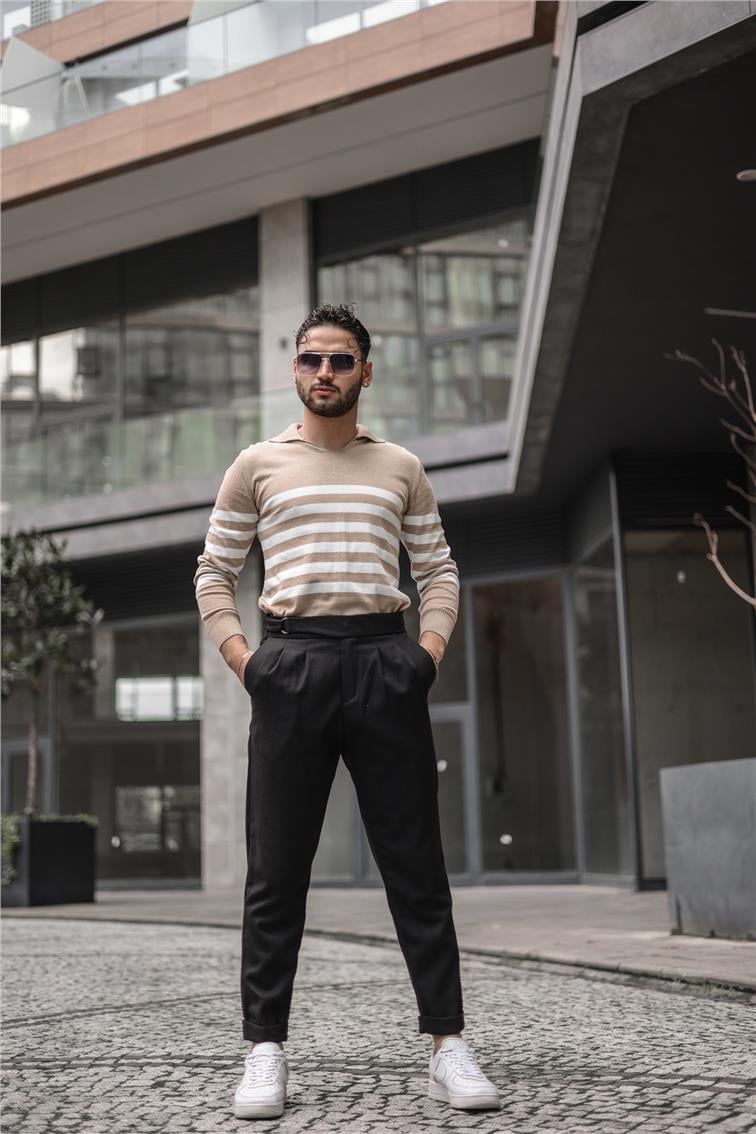 Polo Yaka Şeritli Triko Kazak Kum Beji