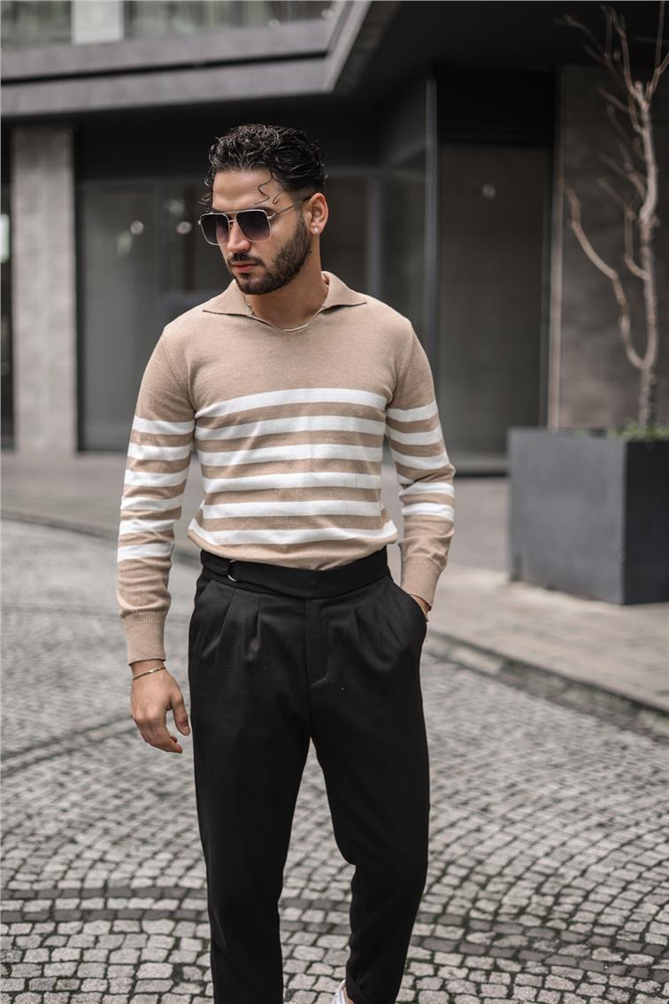 Polo Yaka Şeritli Triko Kazak Kum Beji